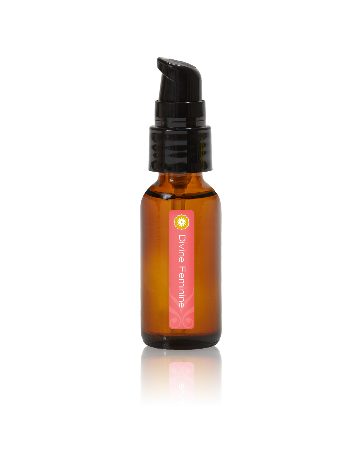 An amber glass bottle of Divine Feminine oil by BodyMantra, featuring a minimalist label and set against a seamless neutral background.