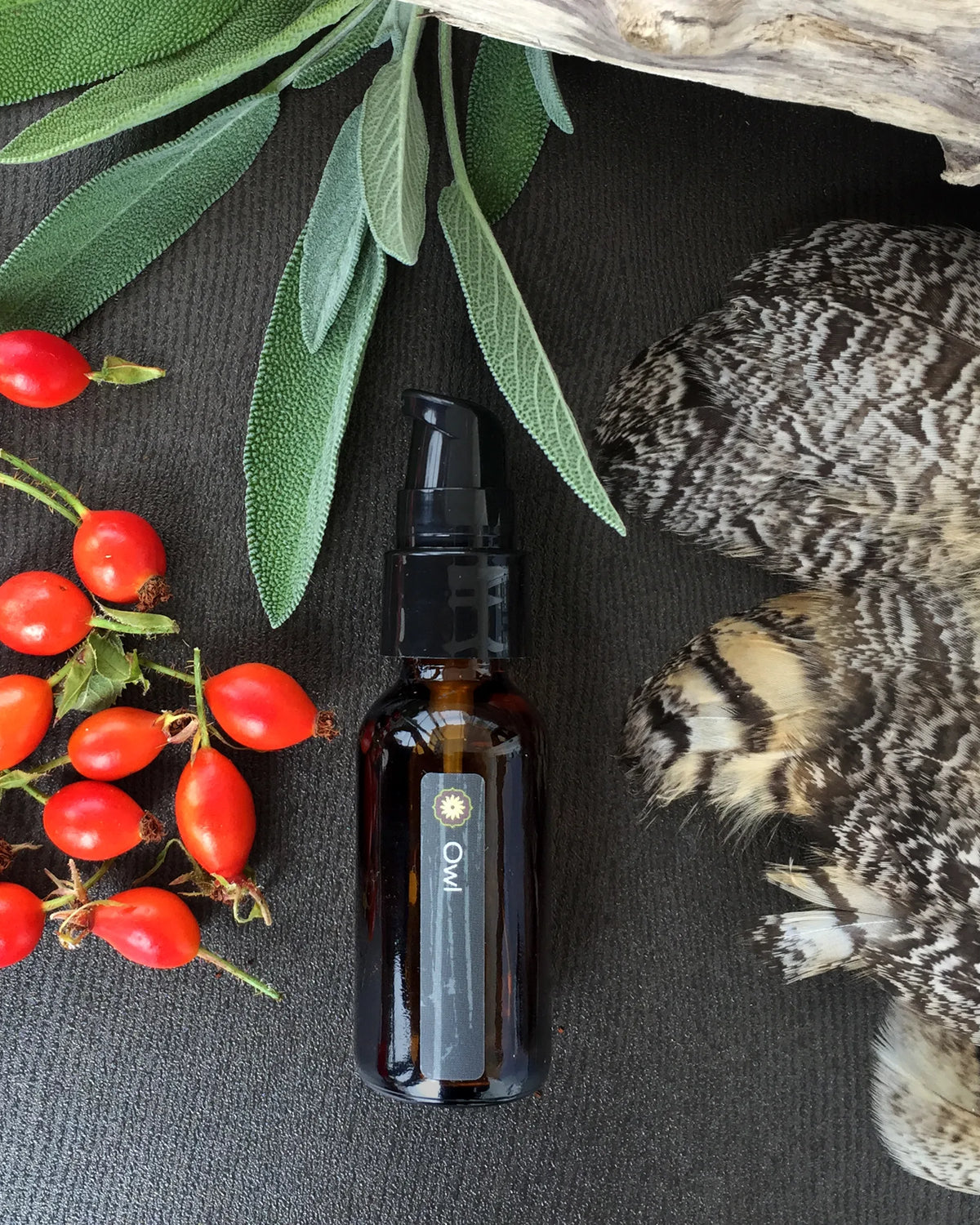 Amber bottle of Owl Power Animal oil by BodyMantra surrounded by owl feather, Rosehips and Sage leaves.