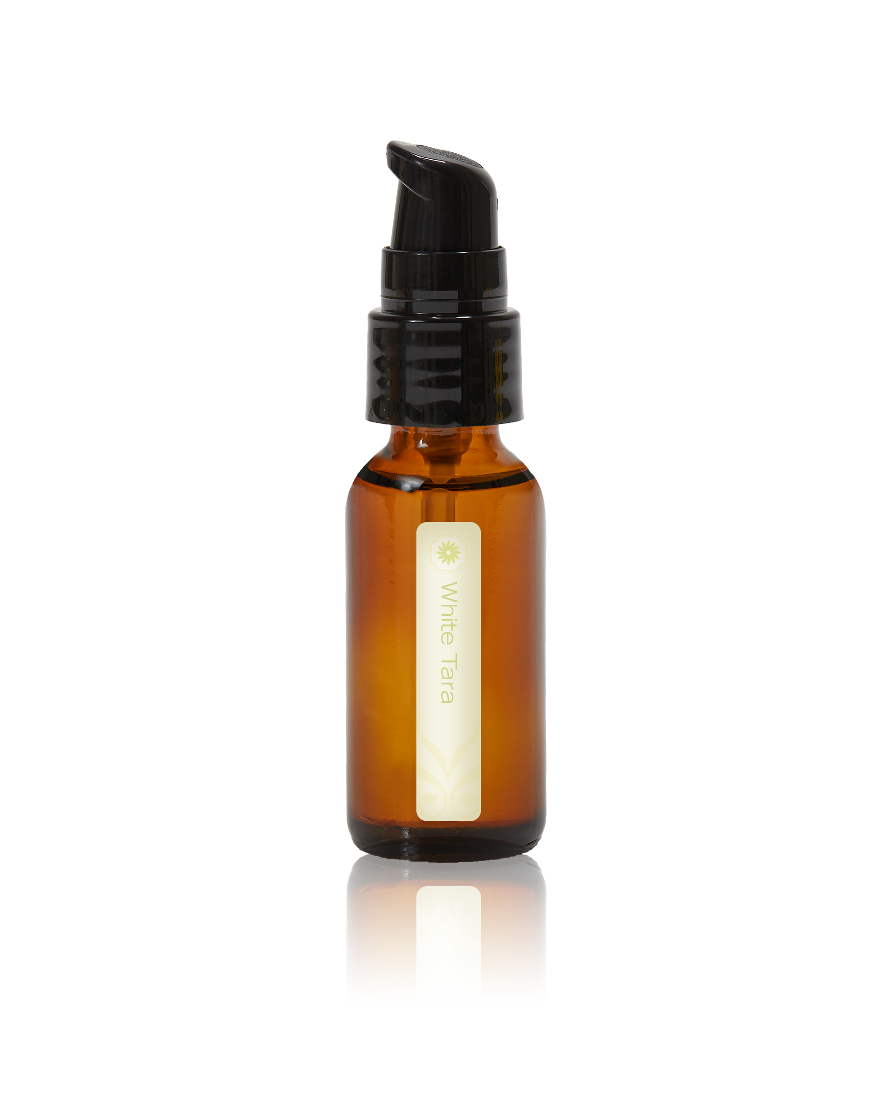 An amber glass bottle of White Tara oil by BodyMantra, featuring a minimalist label and set against a seamless neutral background.