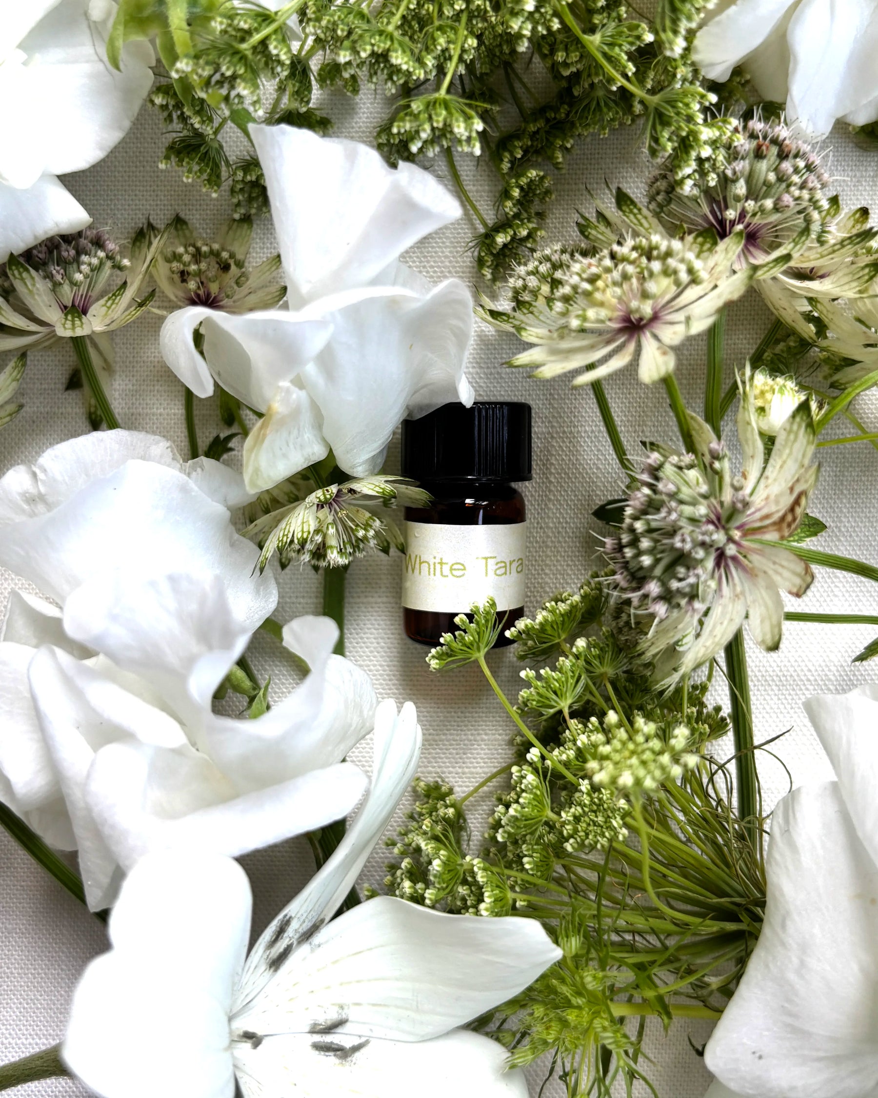 Close up of a small amber vial of BodyMantra White Tara oil blend surrounded by mix of white summer flowers.