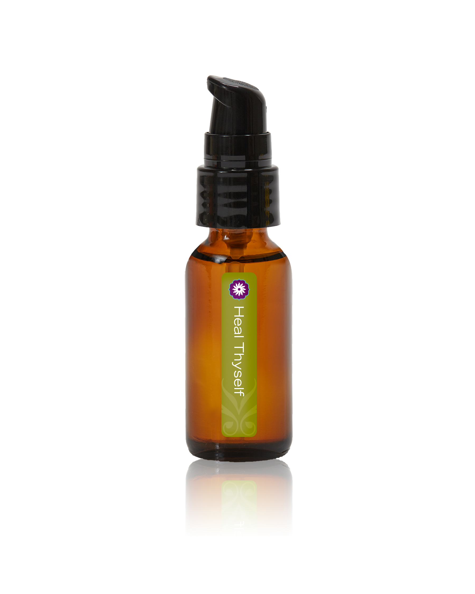 An amber glass bottle of Heal Thyself oil by BodyMantra, featuring a minimalist label set against a seamless neutral background.