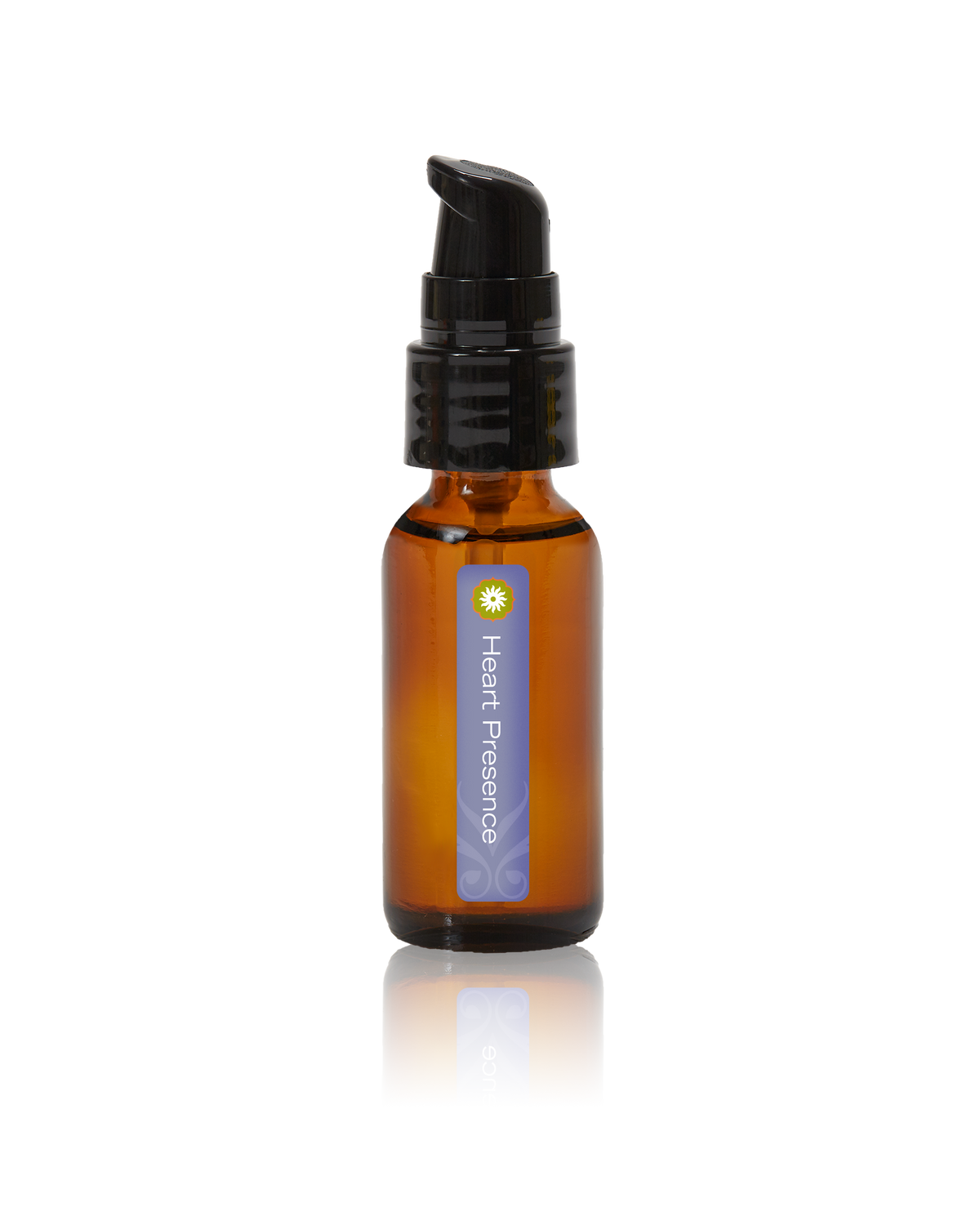 An amber glass bottle of Heart Presence oil by BodyMantra, featuring a minimalist label and set against a seamless neutral background.