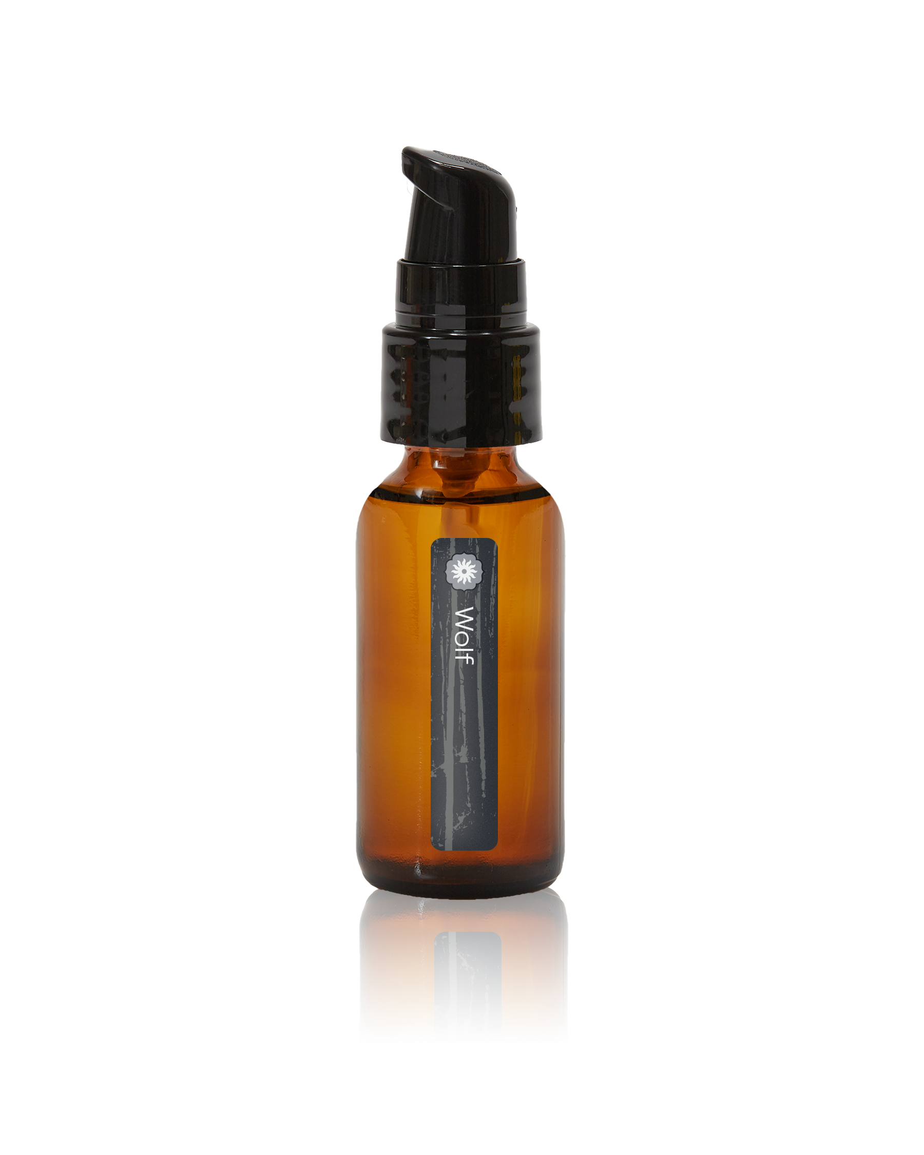 An amber glass bottle of Wolf Power Animal oil by BodyMantra, featuring a minimalist label and set against a seamless neutral background.