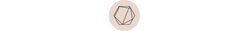Geometric logomark within a small blush-pink circle.