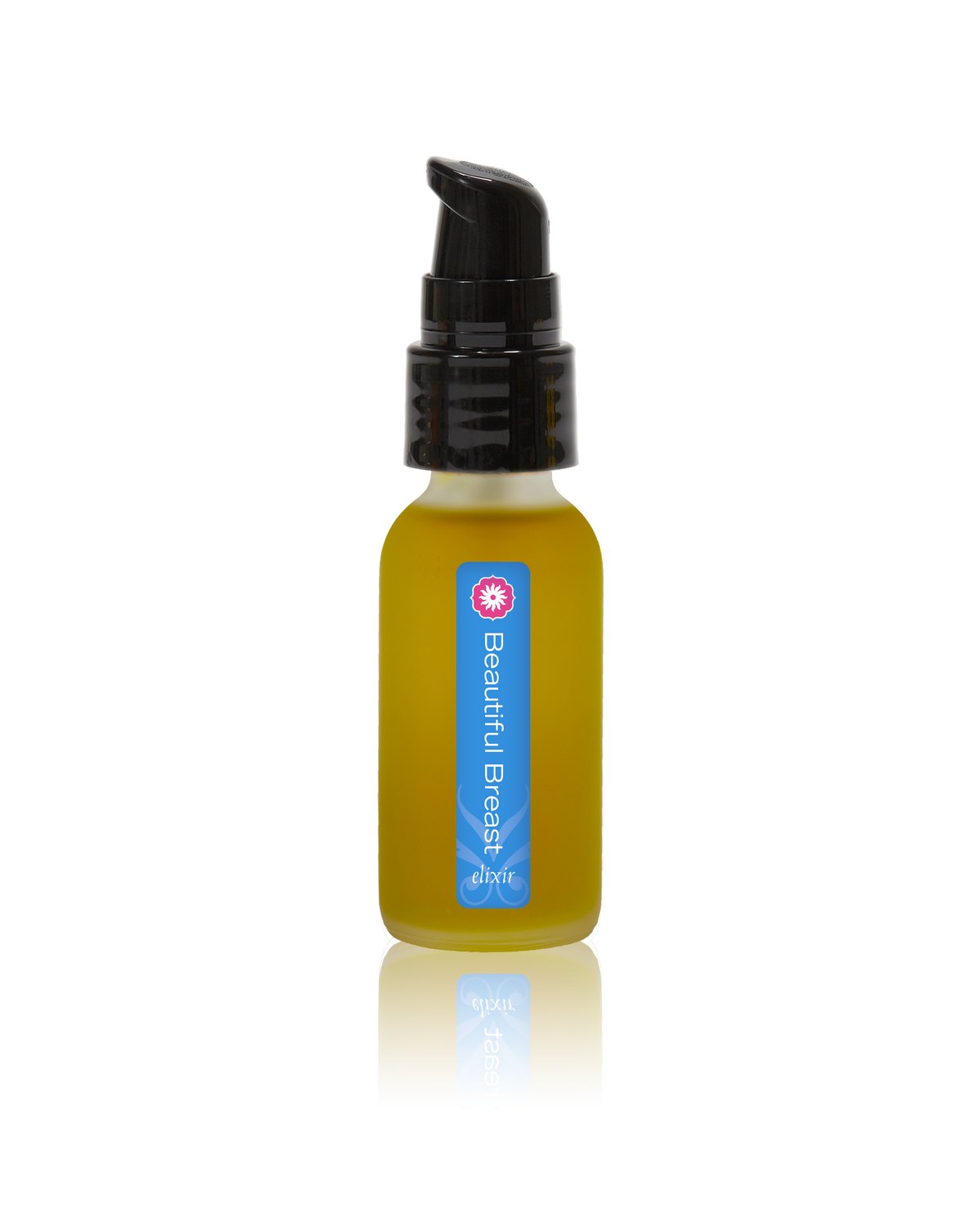 A frosted glass bottle of Beautiful Breast Elixir by BodyMantra, featuring a minimalist label and golden-hued botanical oil against a seamless neutral background.