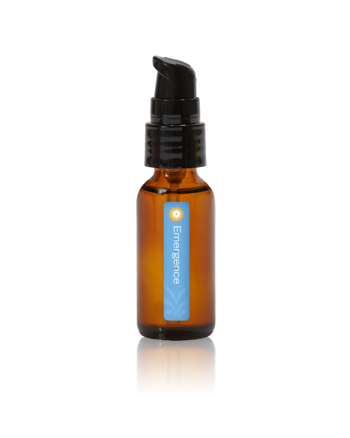 An amber glass bottle of Emergence oil by BodyMantra, featuring a minimalist label and set against a seamless neutral background.