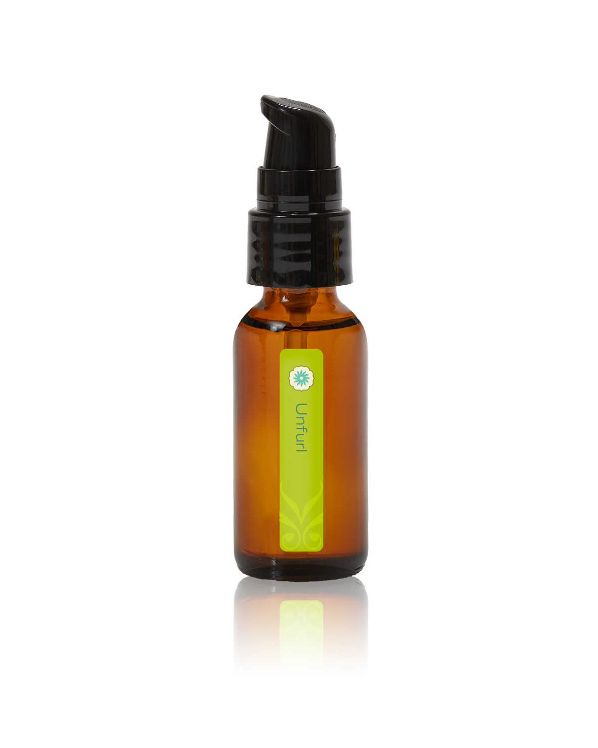 An amber glass bottle of Unfurl oil by BodyMantra, featuring a minimalist label and set against a seamless neutral background.