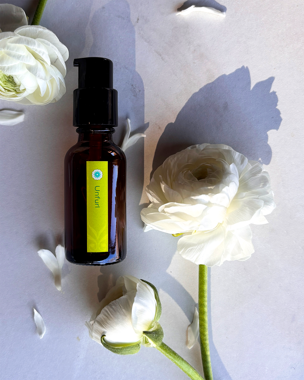 An amber glass bottle of BodyMantra Unfurl oil with a minimalist label on a light gray marble background, surrounded by white Ranunculus flowers and featuring dramatic shadows.