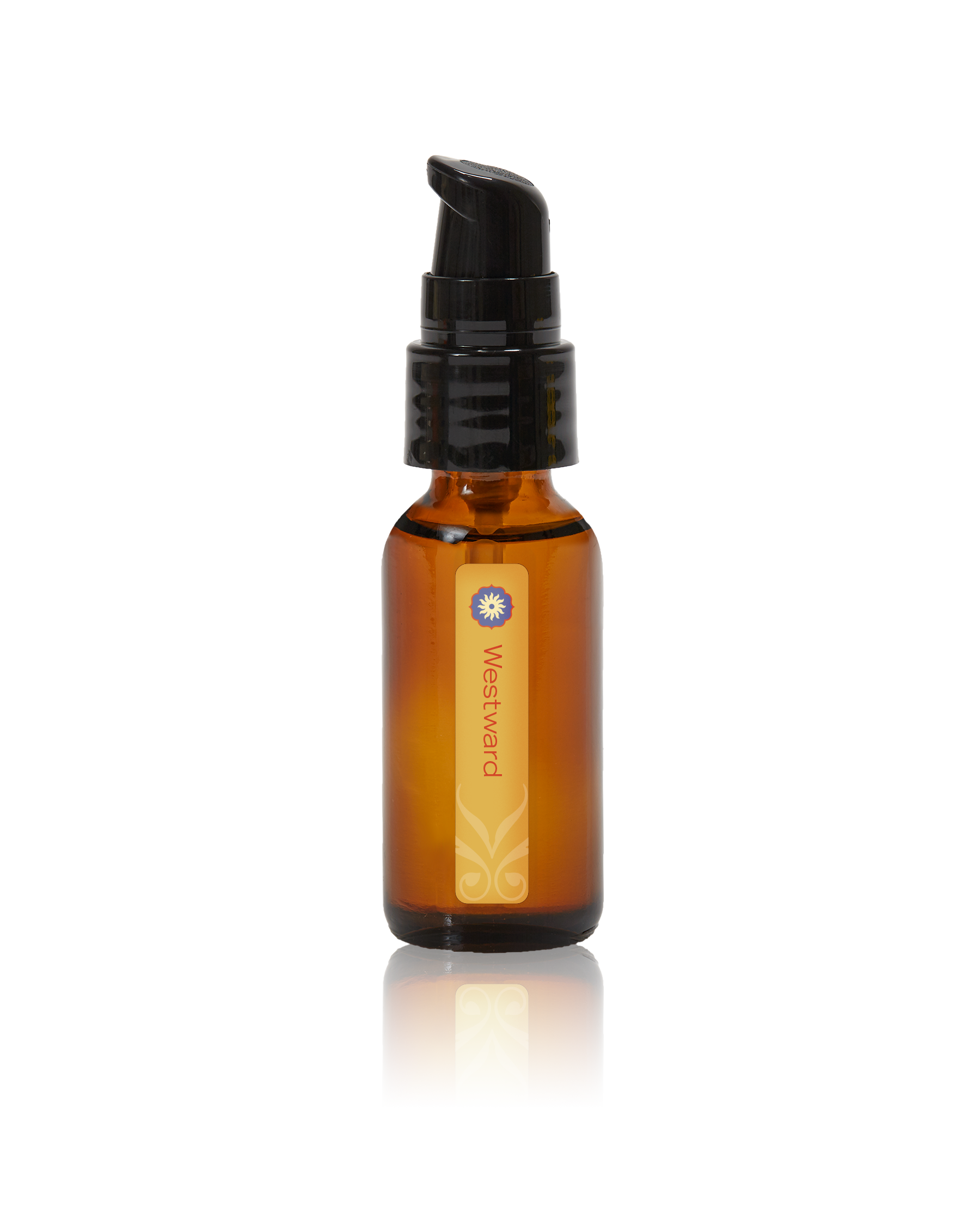 An amber glass bottle of Westward oil by BodyMantra, featuring a minimalist label and set against a seamless neutral background.