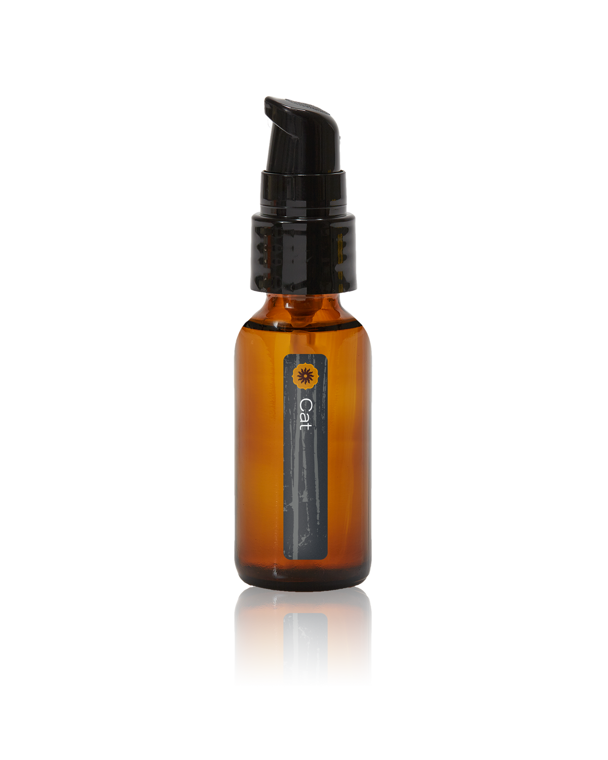 An amber glass bottle of Cat Power Animal oil by BodyMantra, featuring a minimalist label and set against a seamless neutral background. 