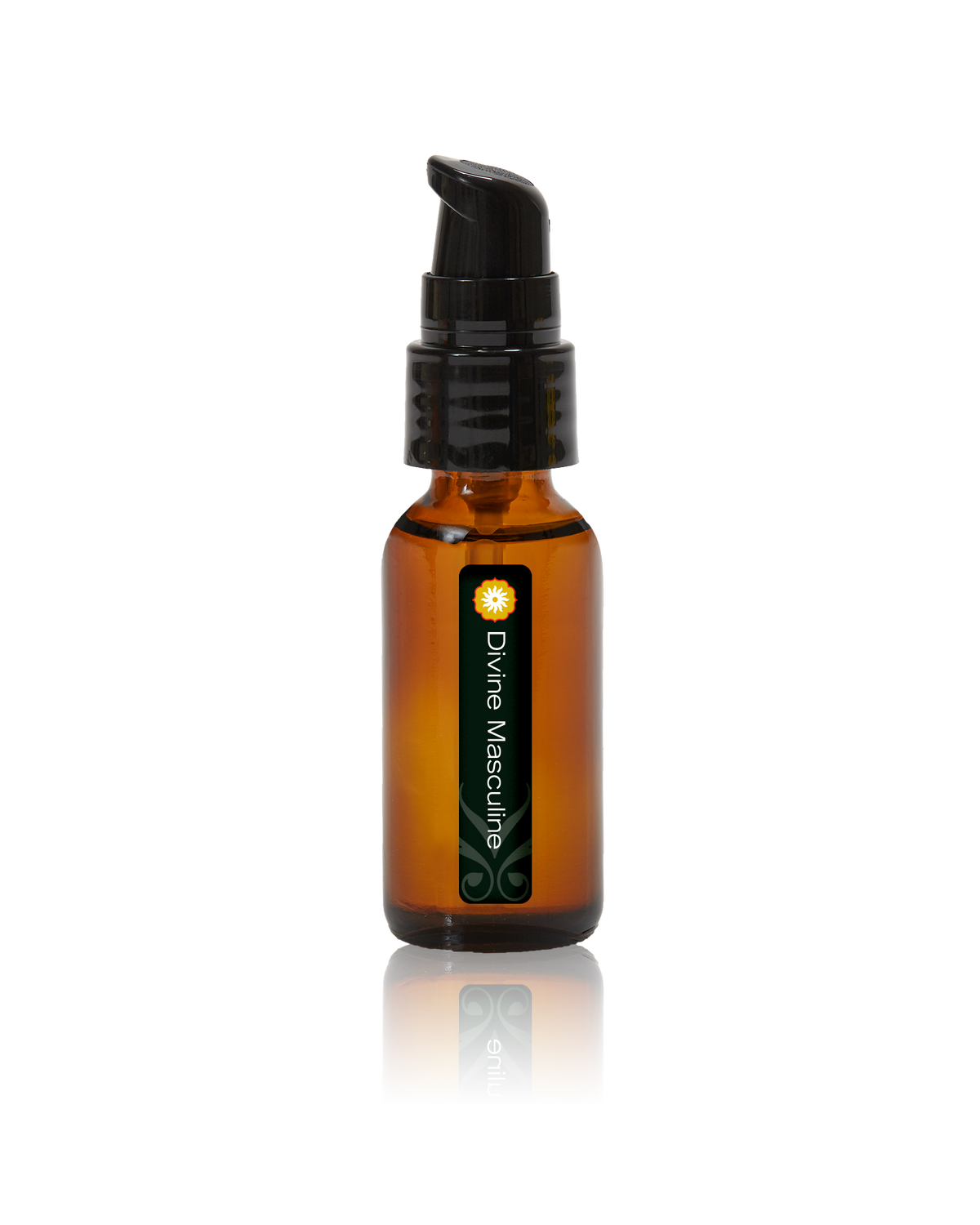 A amber glass bottle of Divine Masculine oil by BodyMantra, featuring a minimalist label and set against a seamless neutral background.