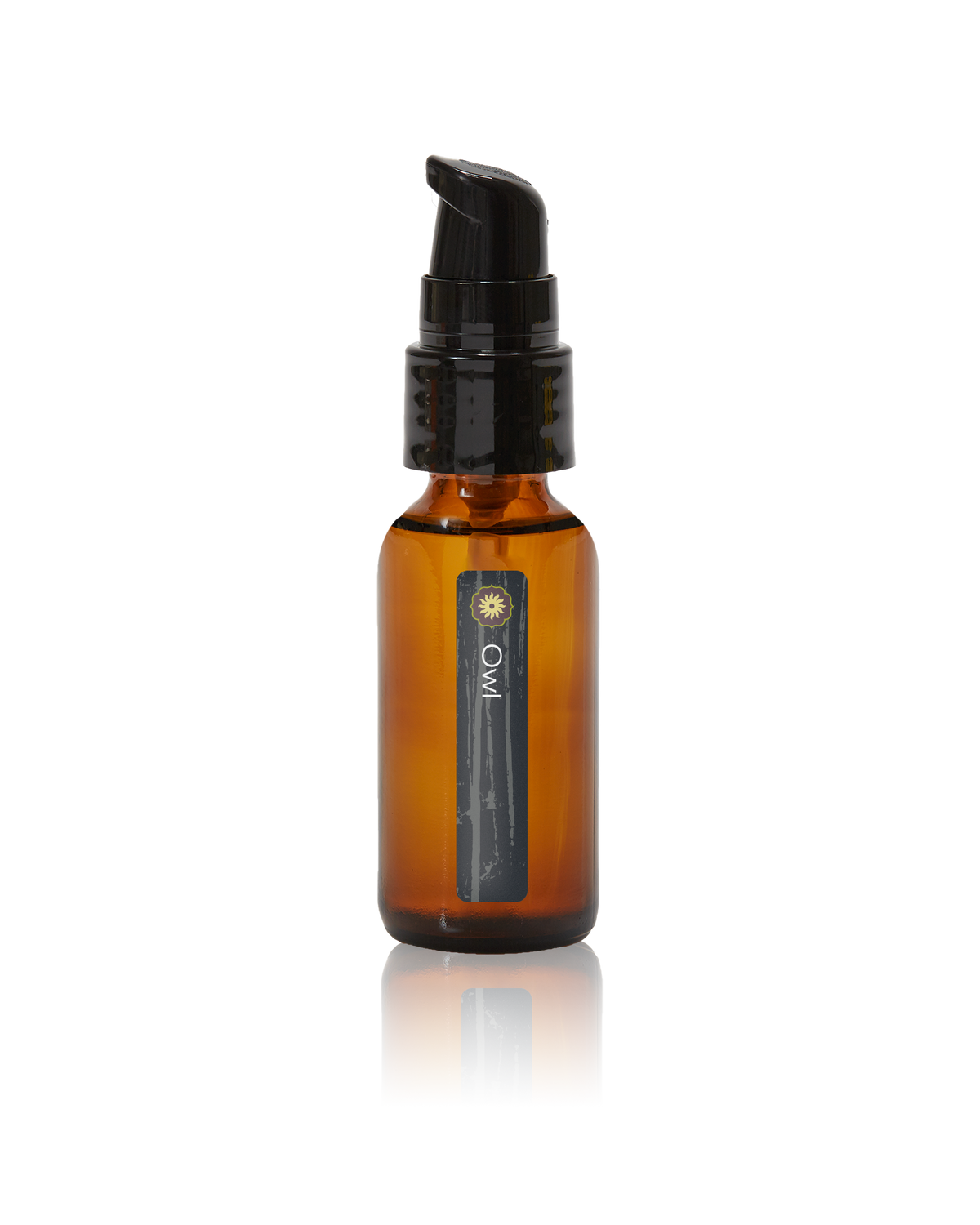 An amber glass bottle of Owl Power Animal oil by BodyMantra, featuring a minimalist label and golden-hued botanical oil against a seamless neutral background.