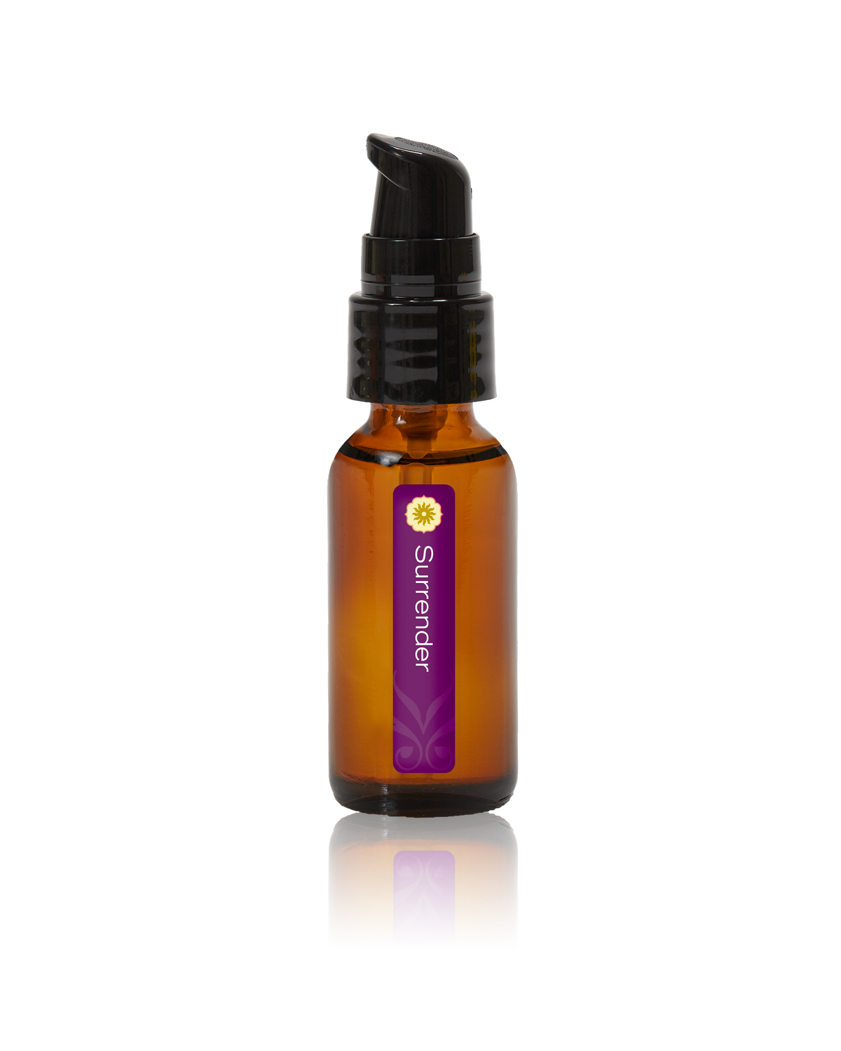 An amber glass bottle of Surrender oil by BodyMantra, featuring a minimalist label and set against a seamless neutral background.