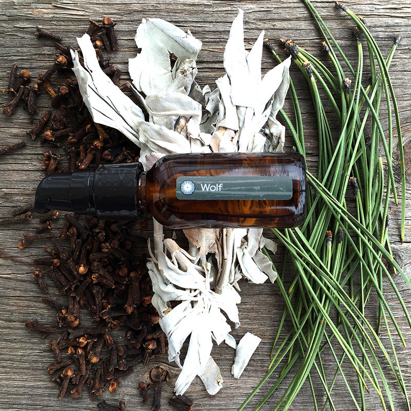 Amber bottle of Wolf Power Animal oil by BodyMantra resting on weathered wood, surrounded by cloves, White Sage, and fresh pine needles.